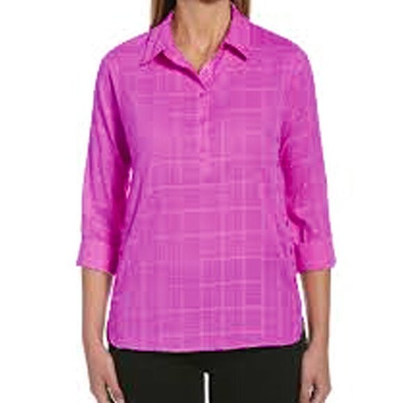 RAFAELLA Audree Window Print Dobby Long Sleeve Button-Down Tunic Top Fuchsia L - Picture 2 of 11
